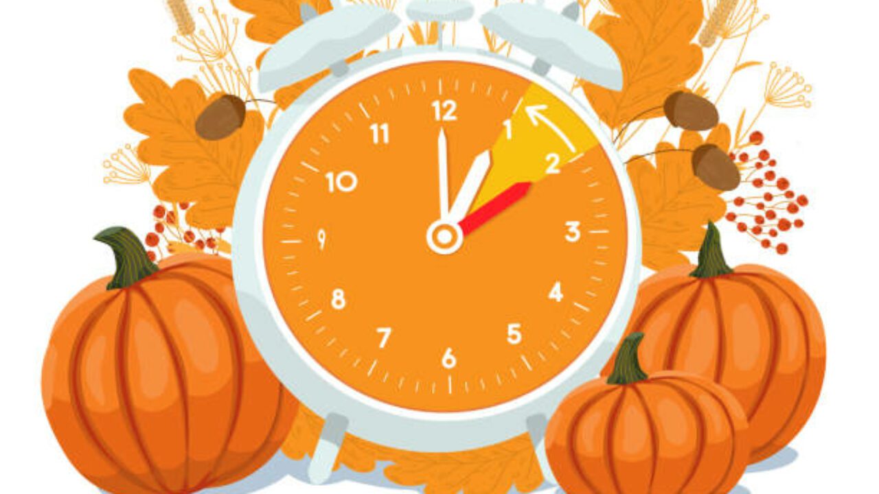 Daylight Saving Time ends concept. Vector illustration of turning alarm clock in autumn decoration. Fall Back time vector illustration with reminder text - set your clocks back an hour.
